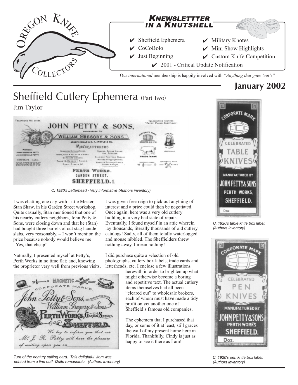 January 2002 Sheffield Cutlery Ephemera (Part Two) Jim Taylor