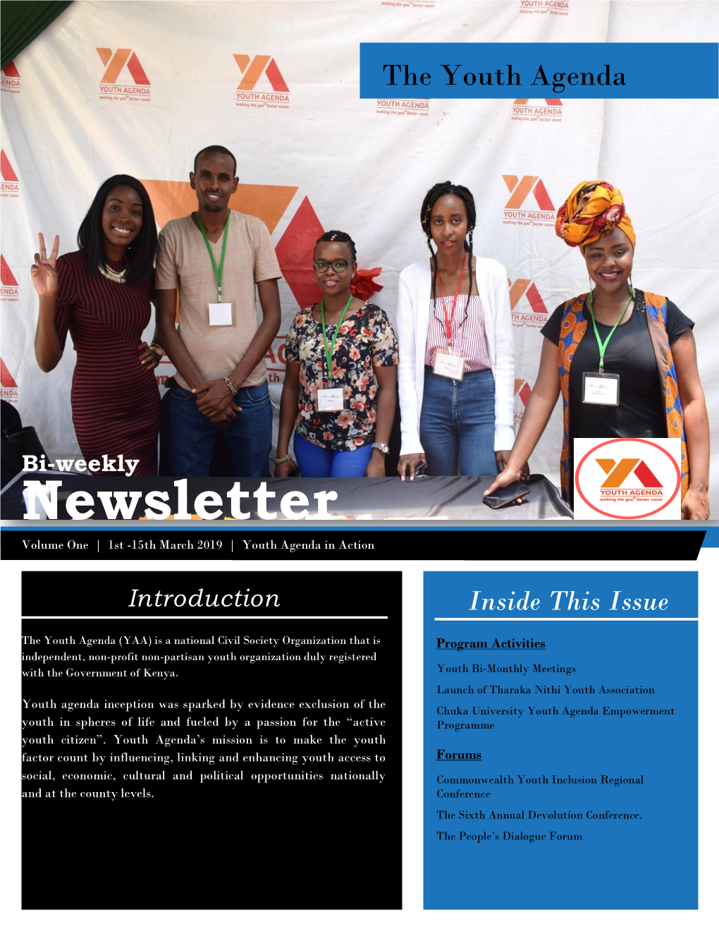 Newsletter Volume One | 1St -15Th March 2019 | Youth Agenda in Action