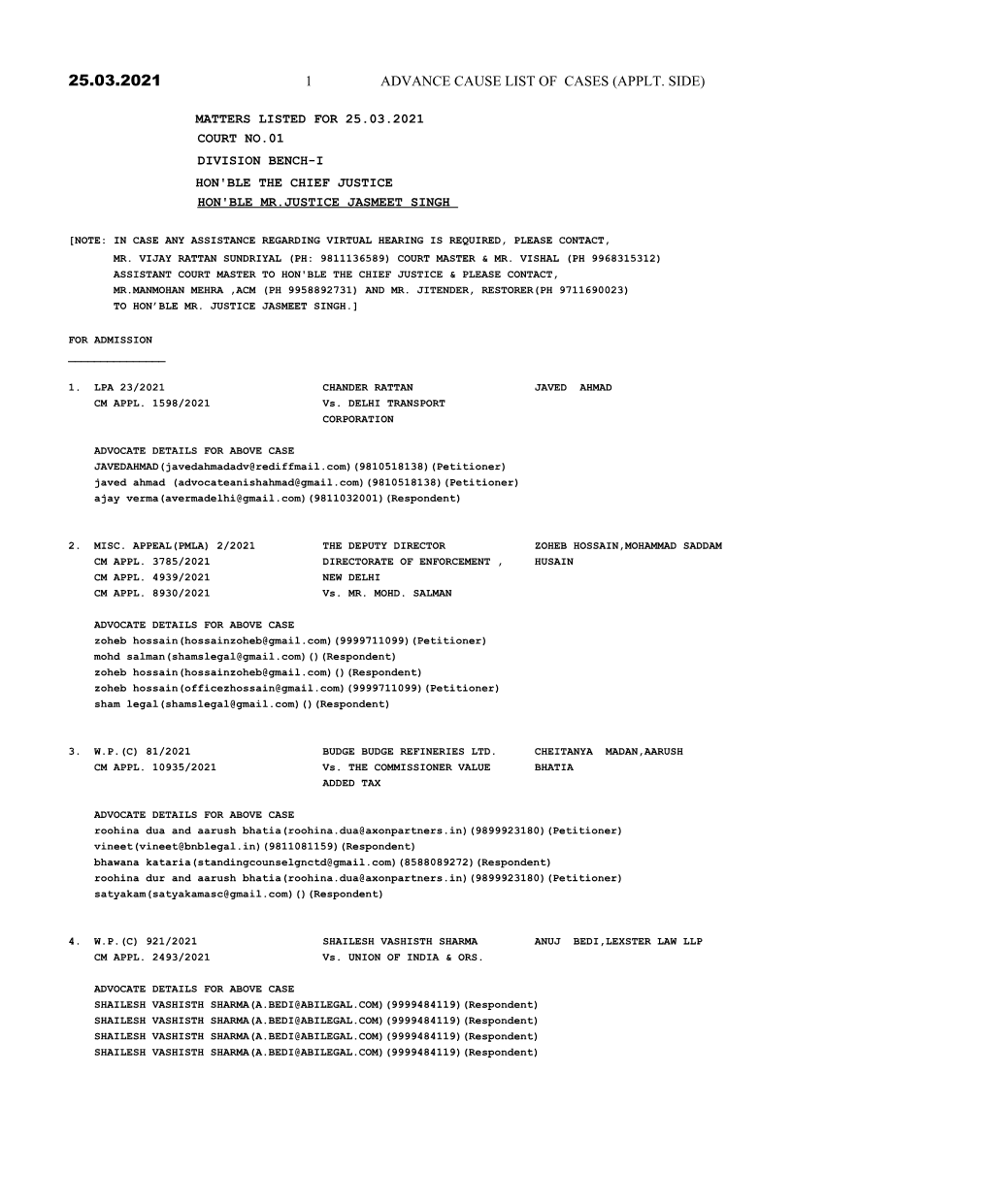 1 Advance Cause List of Cases (Applt. Side)