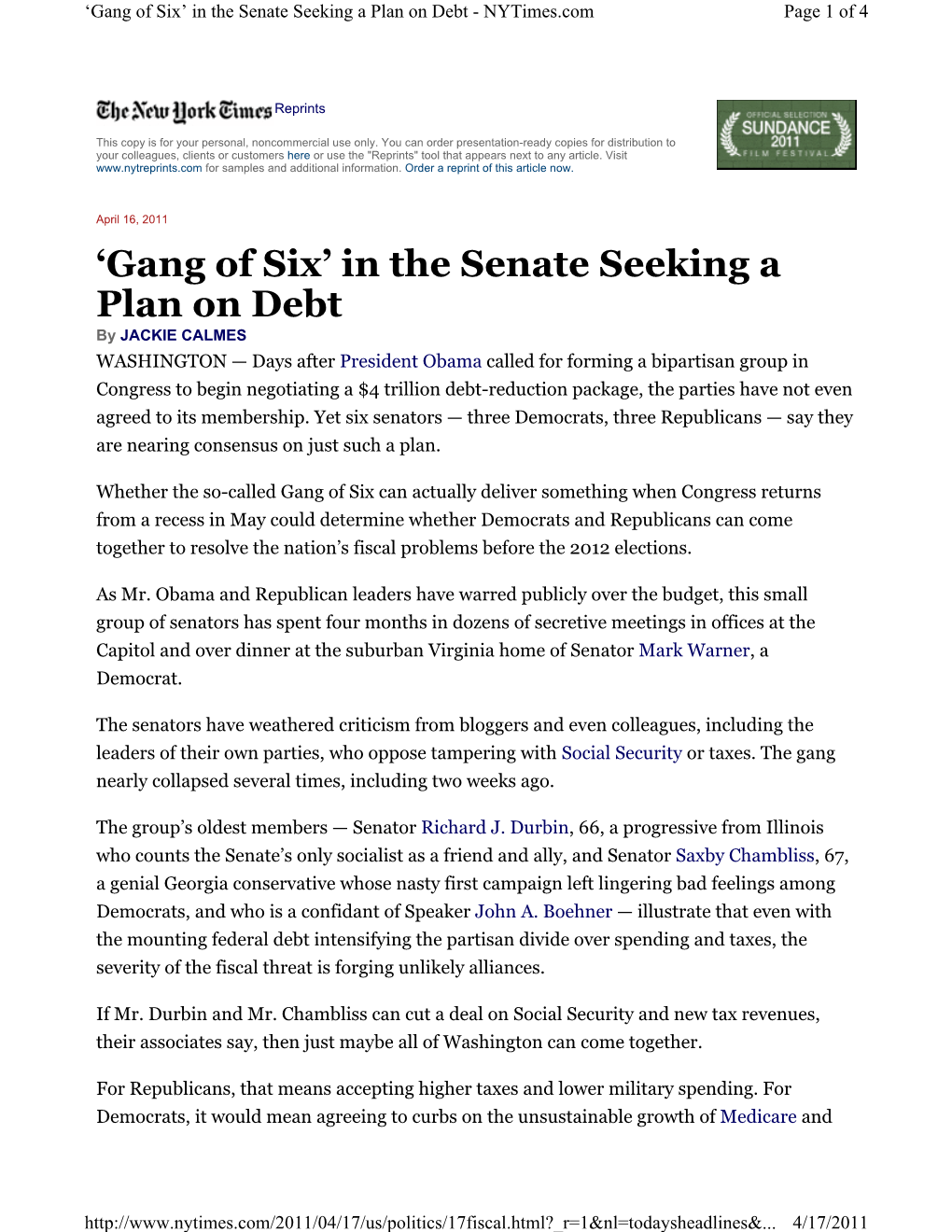 'Gang of Six' in the Senate Seeking a Plan on Debt