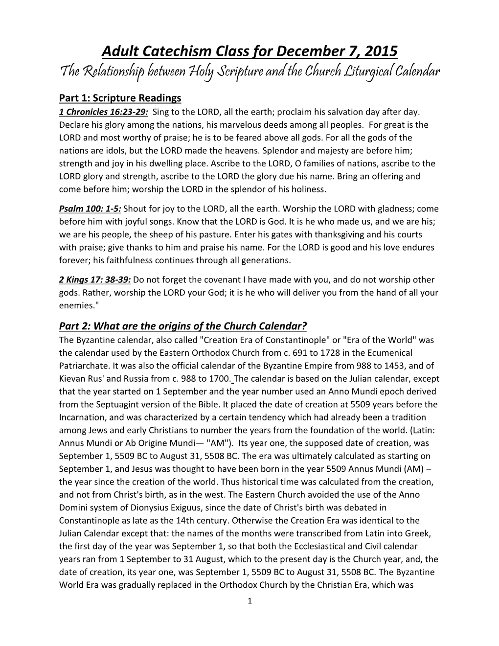 The Relationship Between Holy Scripture and the Church Liturgical Calendar