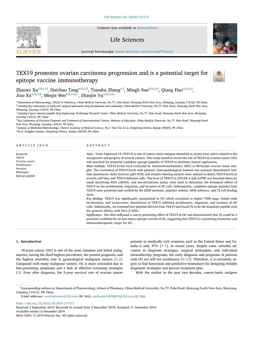 TEX19 Promotes Ovarian Carcinoma Progression and Is a Potential Target for Epitope Vaccine Immunotherapy T