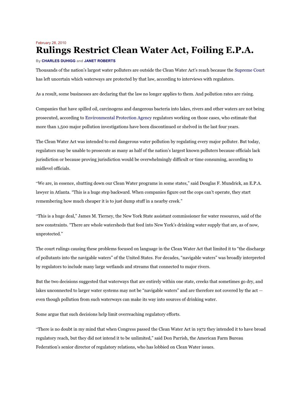 Rulings Restrict Clean Water Act, Foiling E.P.A