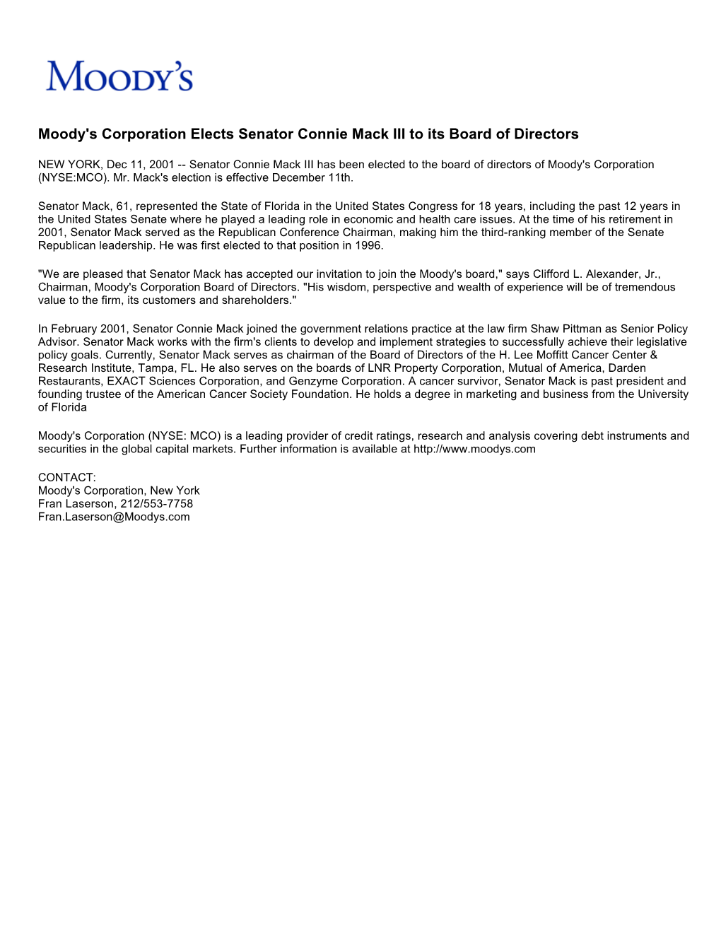 Moody's Corporation Elects Senator Connie Mack III to Its Board of Directors