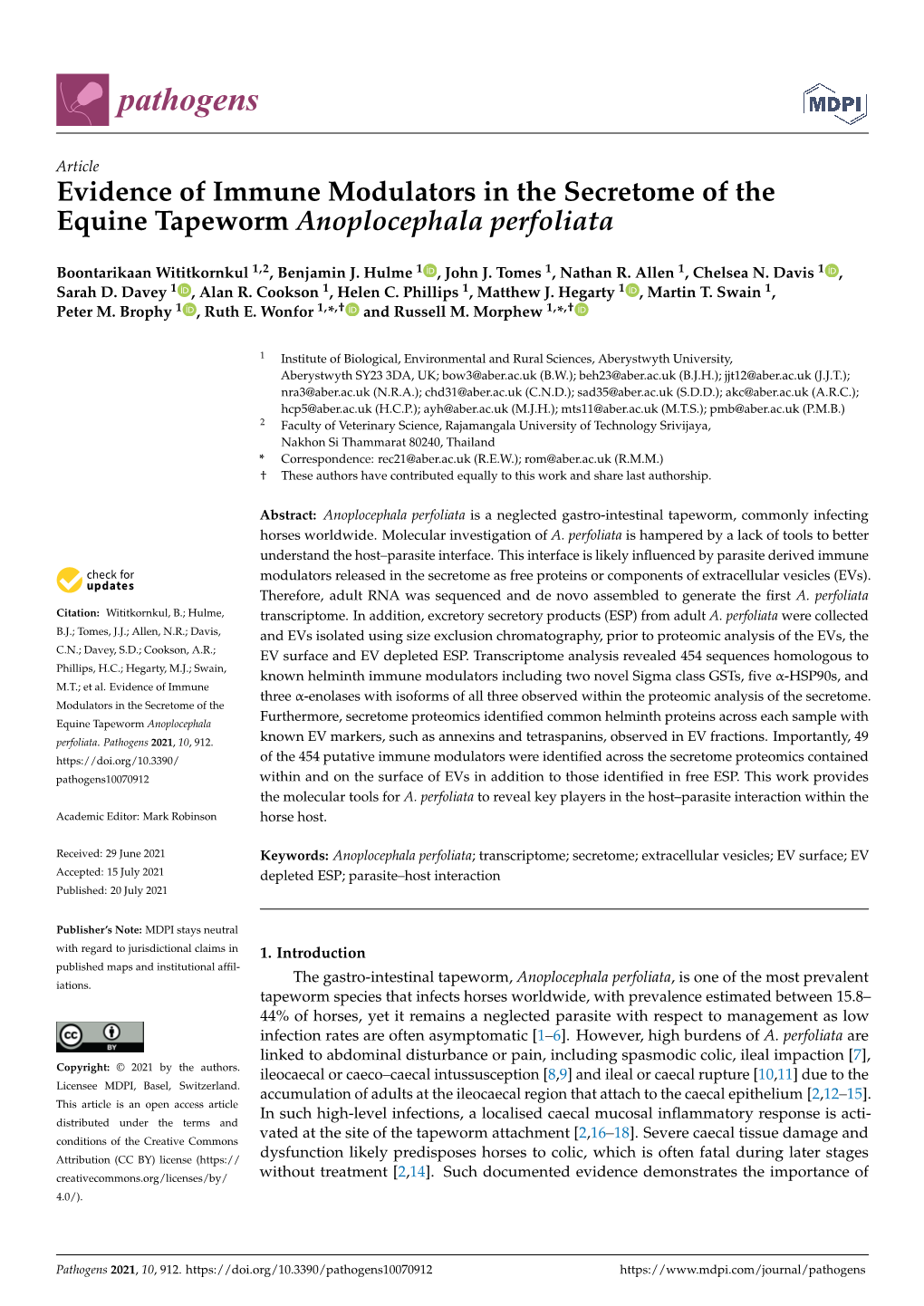 Evidence of Immune Modulators in the Secretome of the Equine Tapeworm Anoplocephala Perfoliata