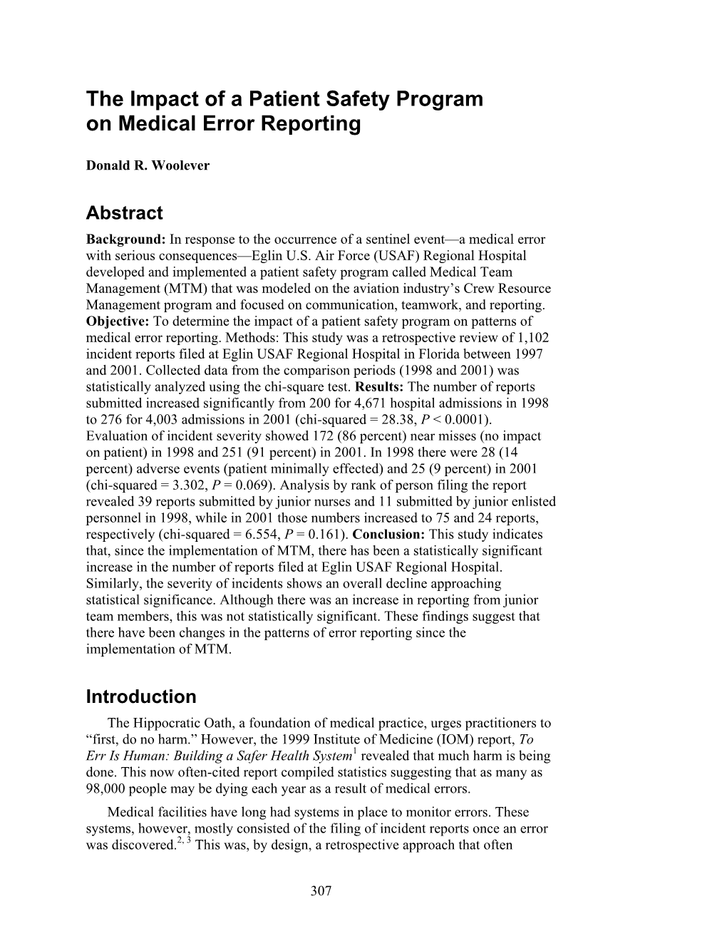 The Impact of a Patient Safety Program on Medical Error Reporting