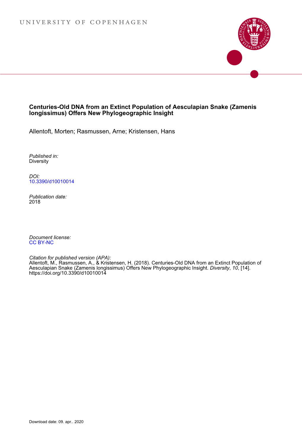 Zamenis Longissimus) Offers New Phylogeographic Insight