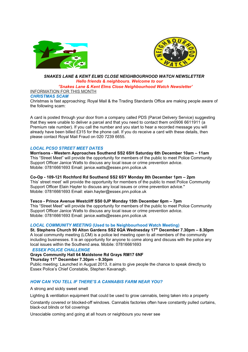 Snakes Lane & Kent Elms Close Neighbourhood Watch Newsletter