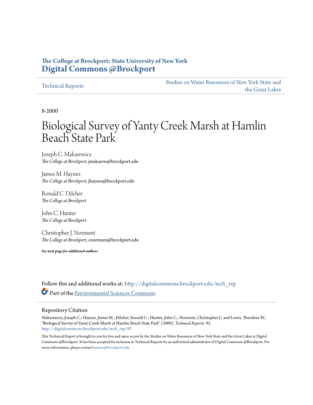 Biological Survey of Yanty Creek Marsh at Hamlin Beach State Park Joseph C