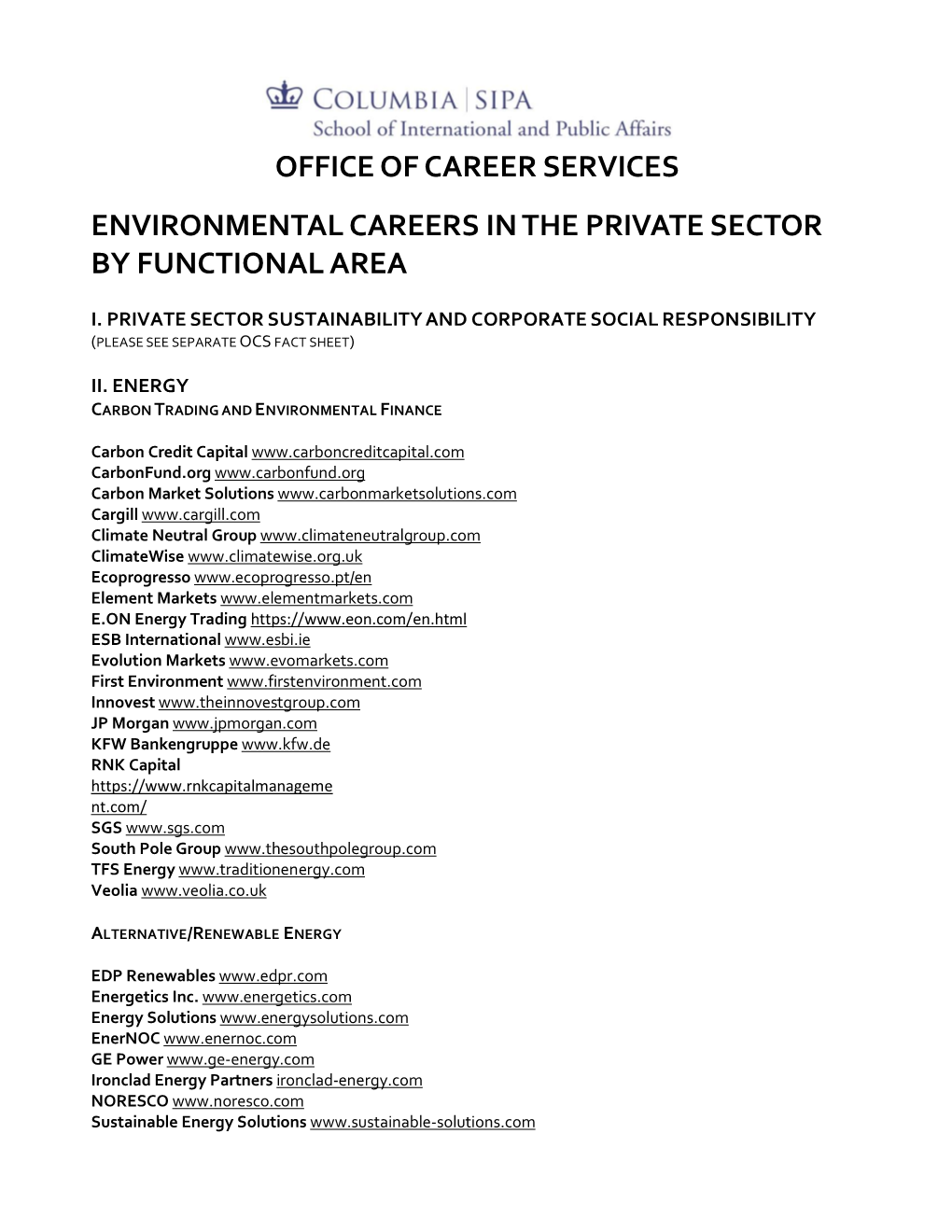 Office of Career Services Environmental Careers in the Private Sector By