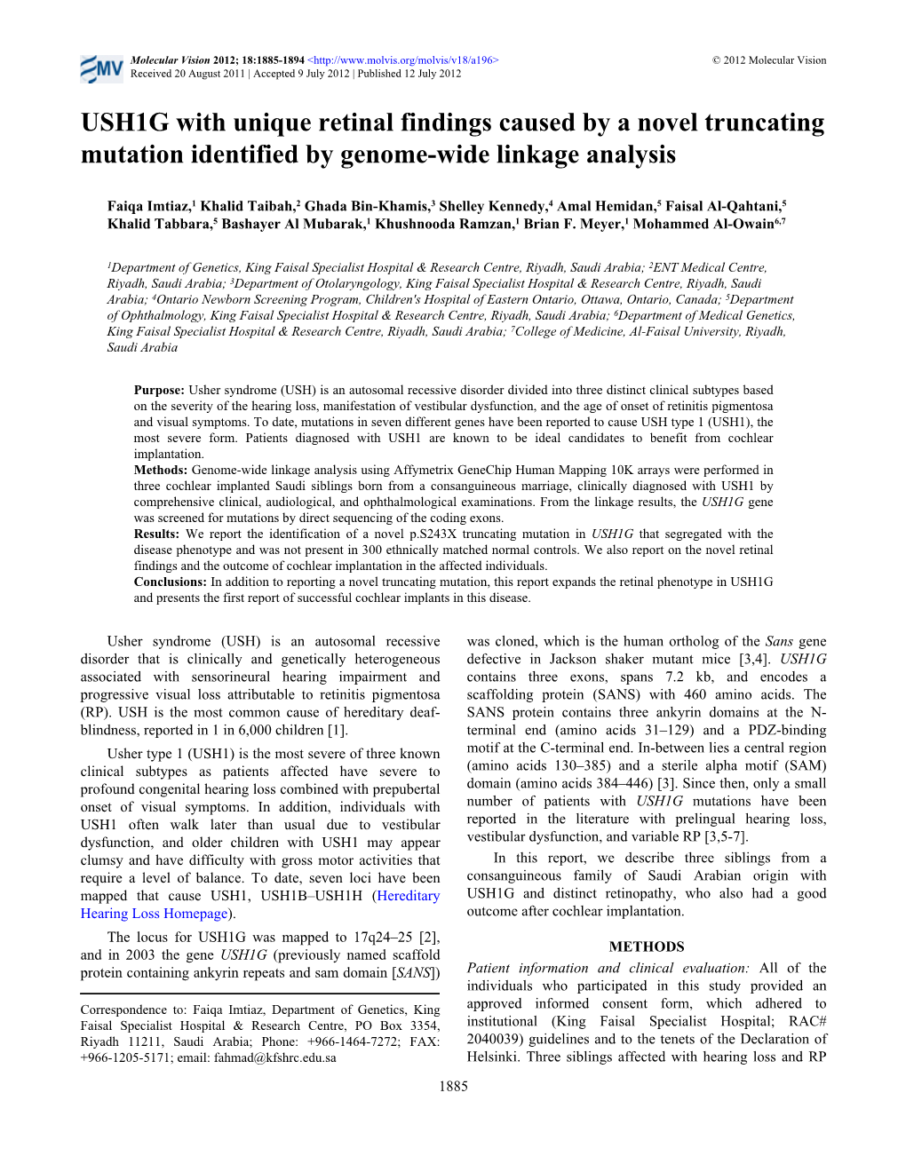 USH1G with Unique Retinal Findings Caused by a Novel Truncating Mutation Identified by Genome-Wide Linkage Analysis