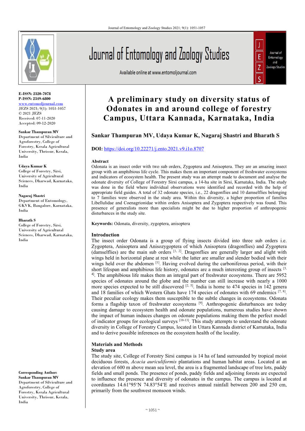 A Preliminary Study on Diversity Status of Odonates in and Around College