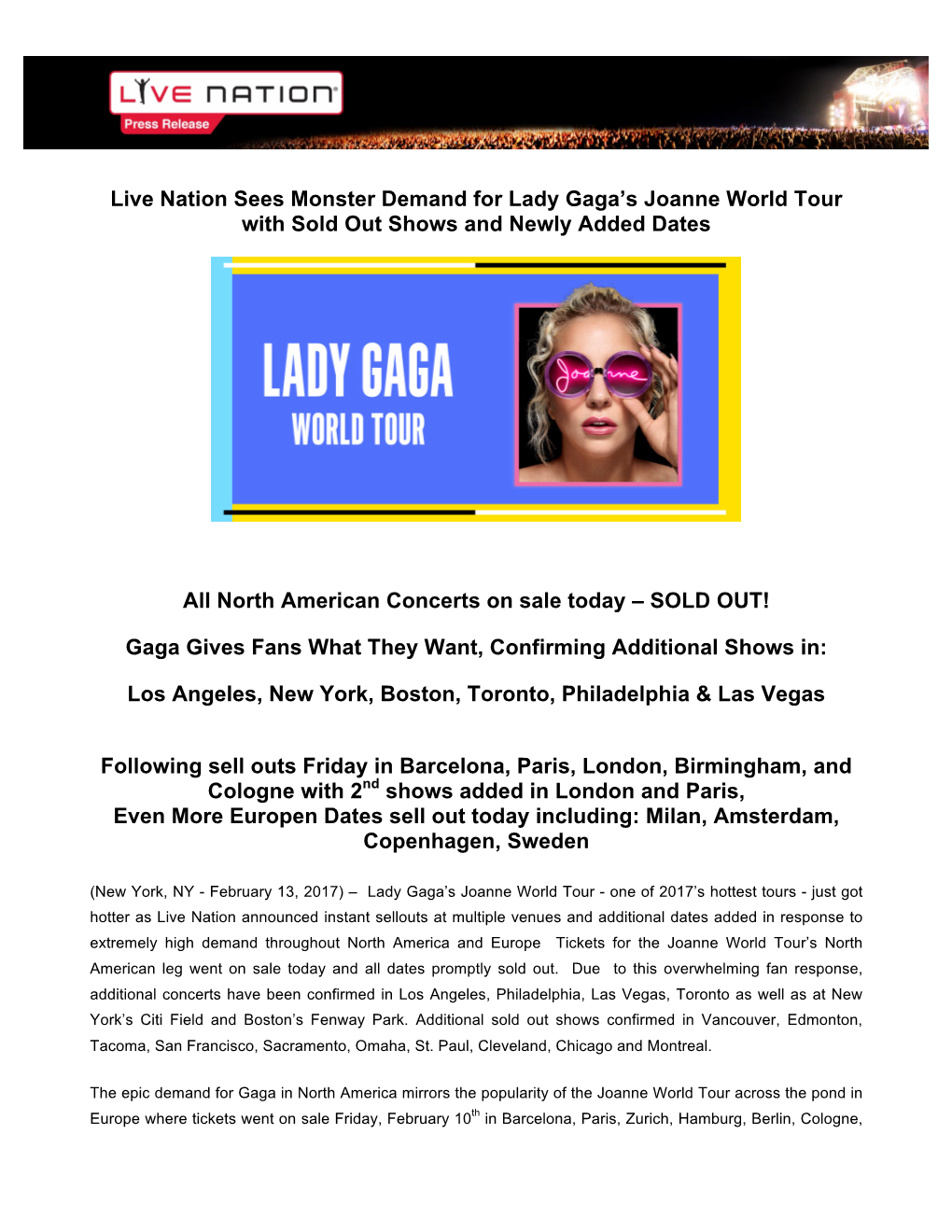 Live Nation Sees Monster Demand for Lady Gaga's Joanne World Tour