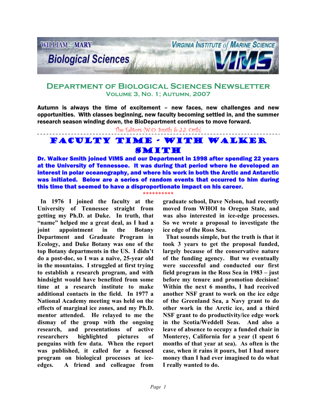 Department of Biological Sciences Newsletter Volume 3, No