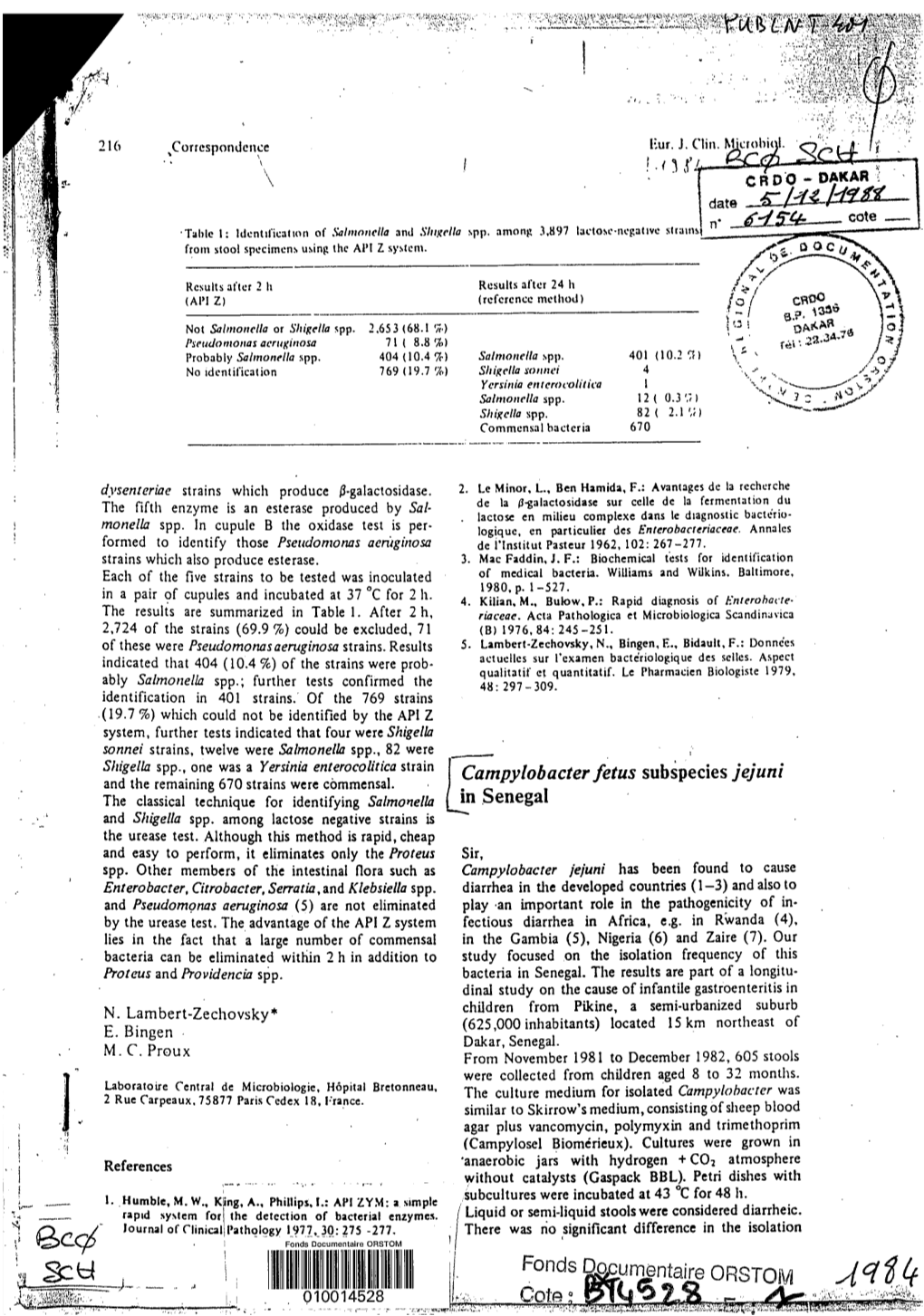 Campylobacter Fetus Subspecies Jejuni in Senegal