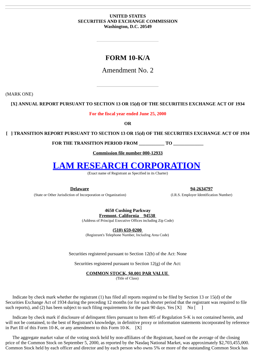 LAM RESEARCH CORPORATION (Exact Name of Registrant As Specified in Its Charter)