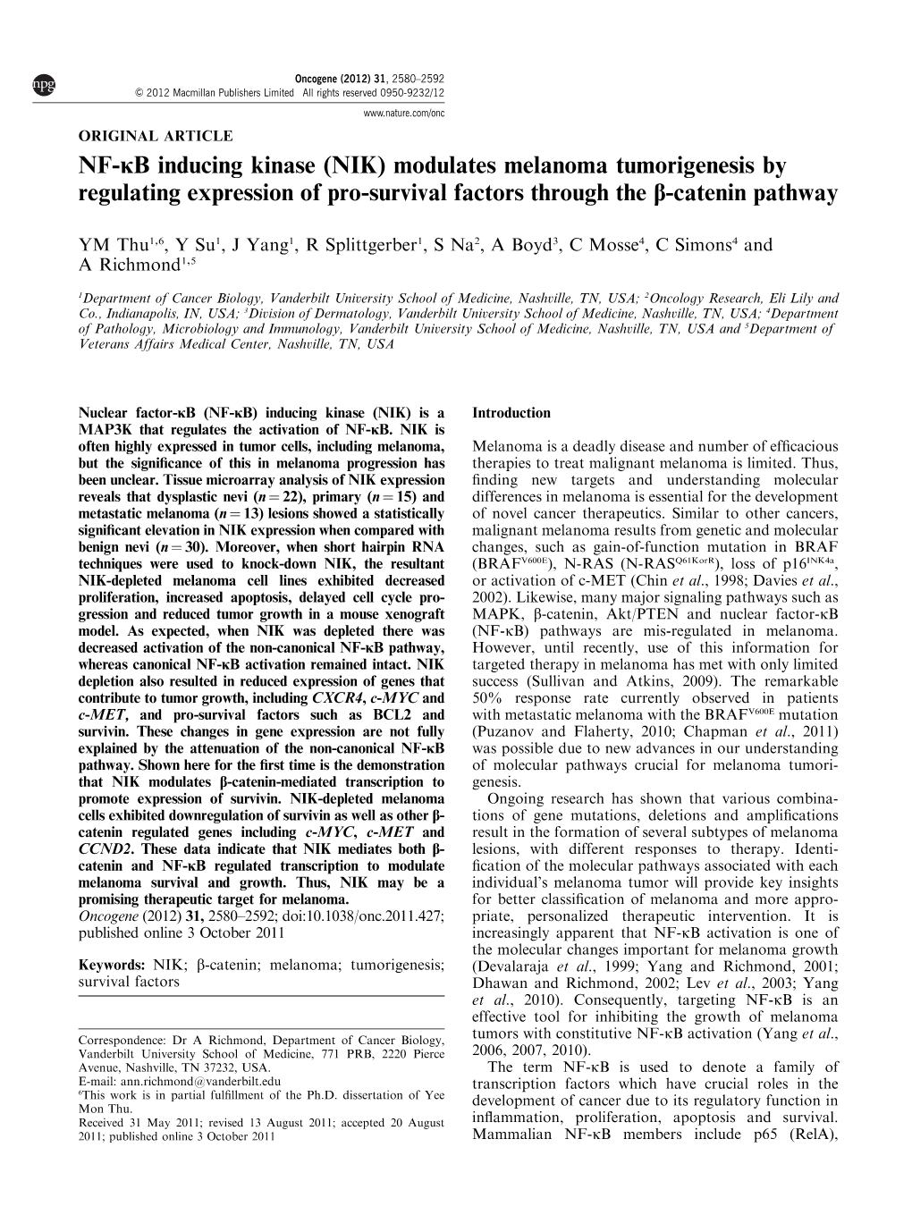 NF-&Kappa;B Inducing Kinase (NIK) Modulates Melanoma