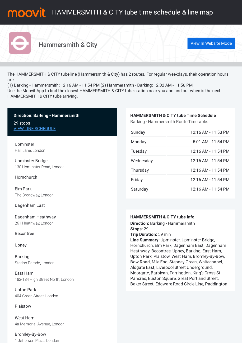 HAMMERSMITH & CITY Tube Time Schedule & Line Route