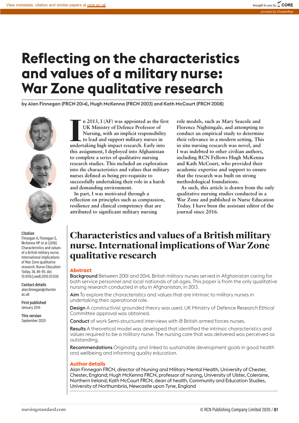 Reflecting on the Characteristics and Values of a Military Nurse: War Zone