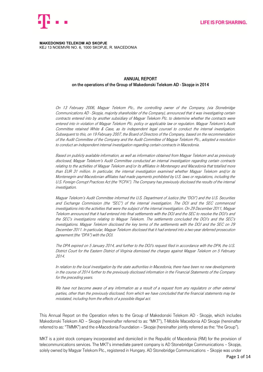 Page 1 of 14 ANNUAL REPORT on the Operations of the Group Of