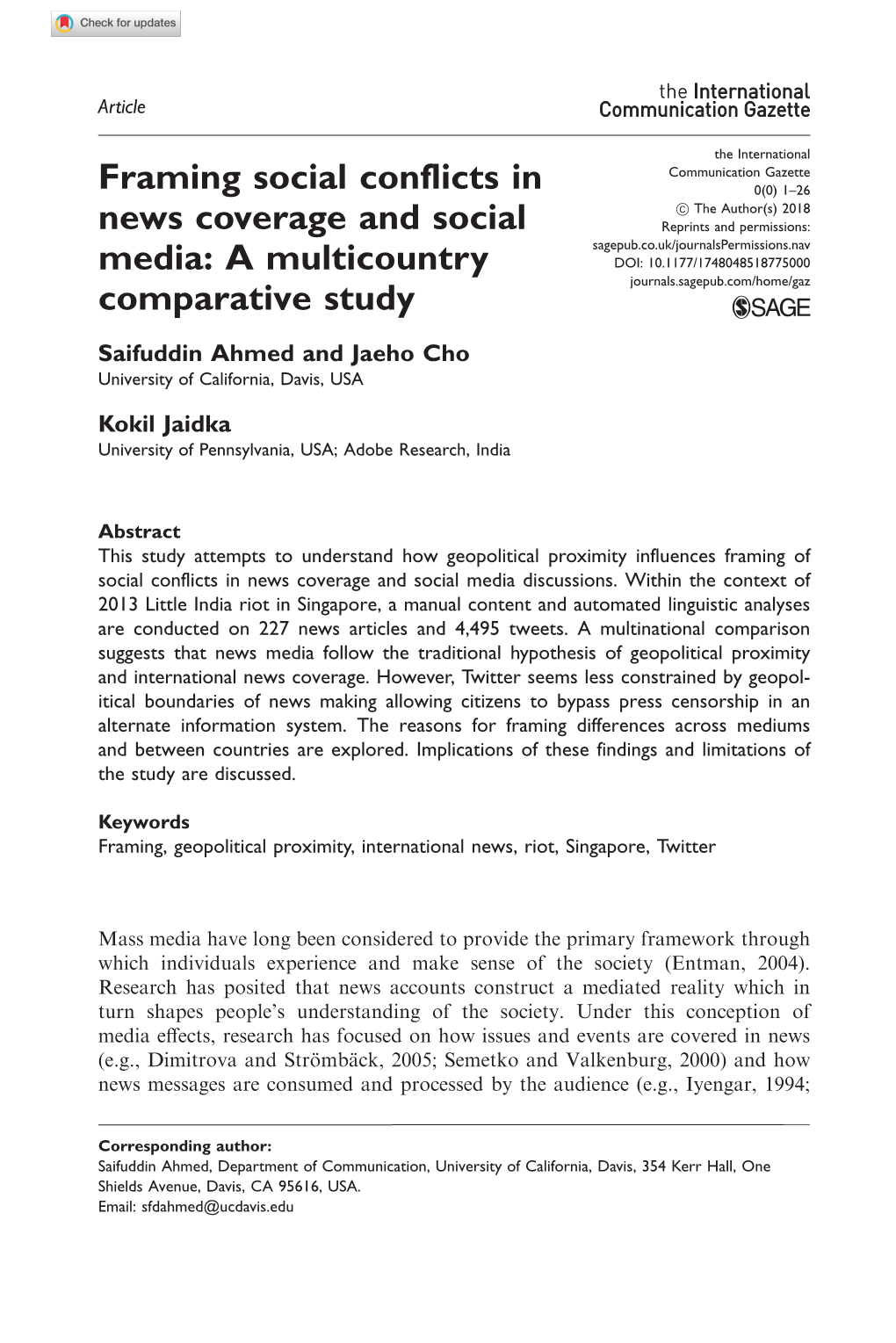 Framing Social Conflicts in News Coverage and Social