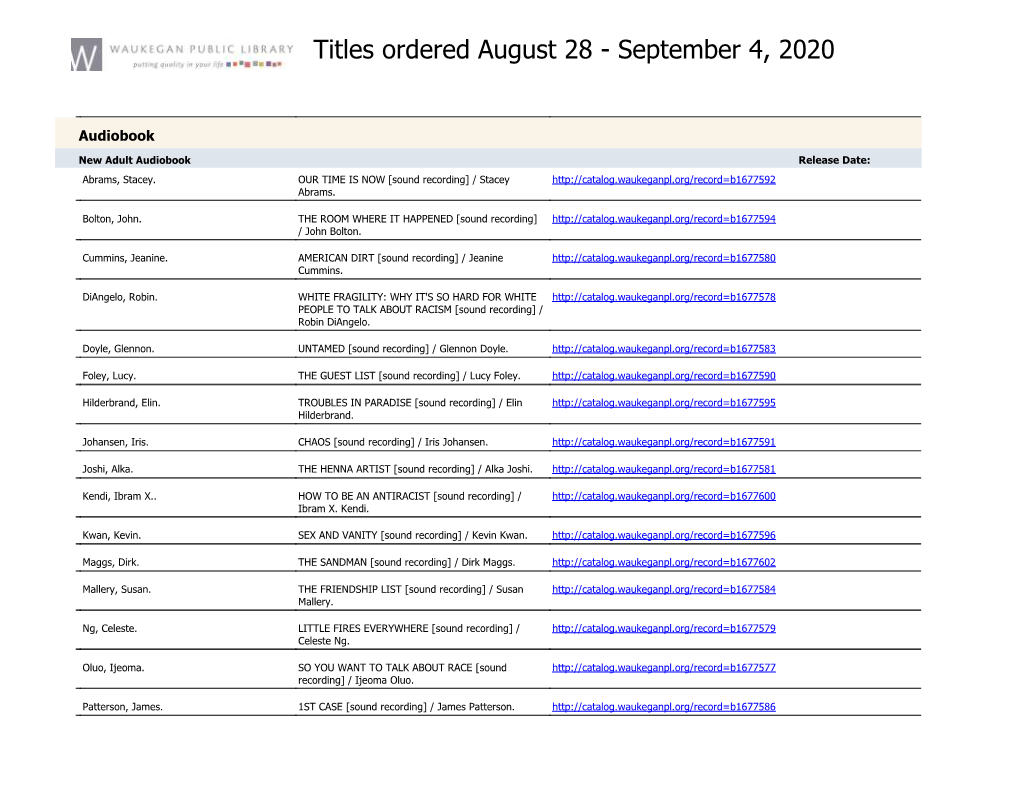 Titles Ordered August 28 - September 4, 2020