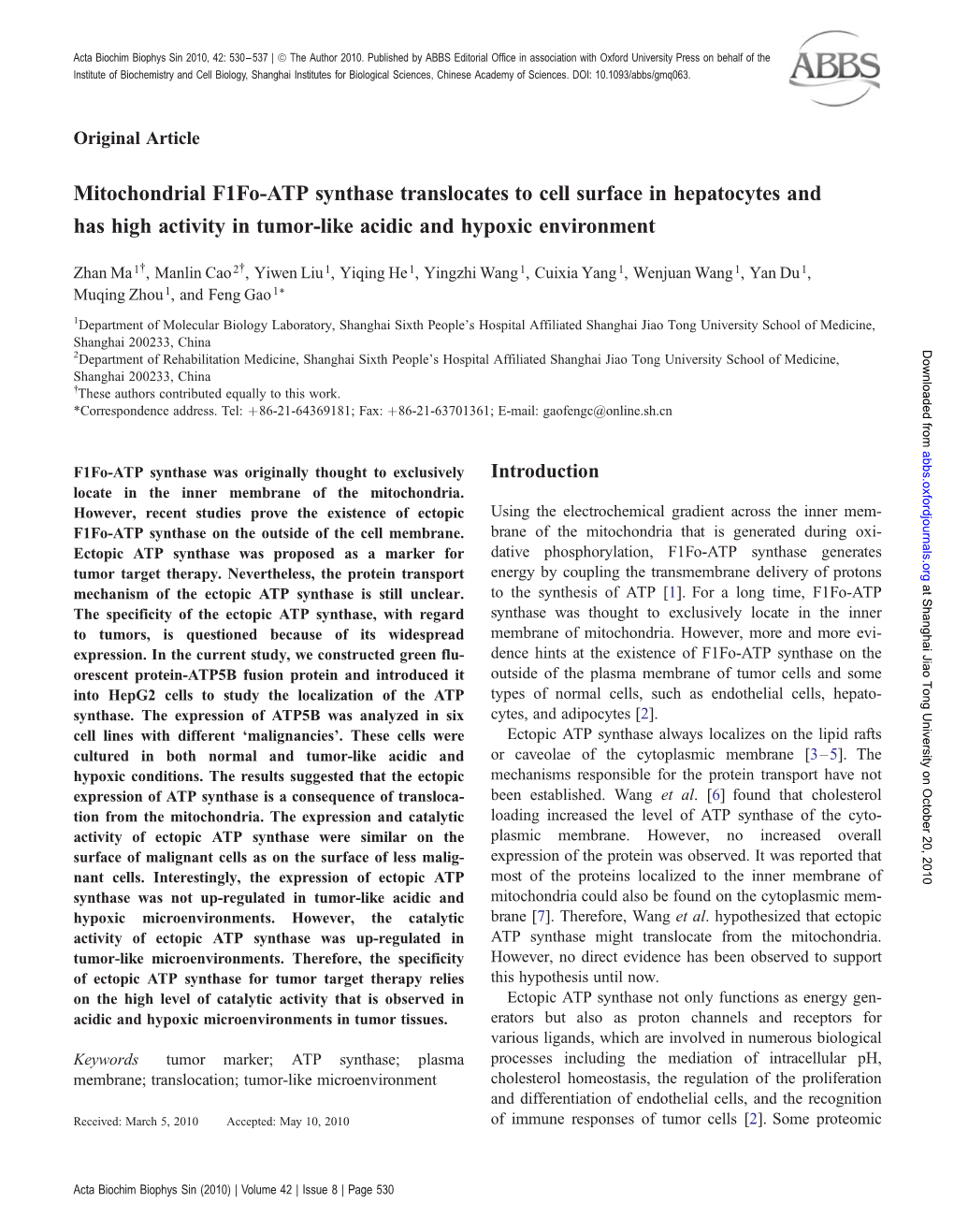 Mitochondrial F1fo-ATP Synthase Translocates to Cell Surface in Hepatocytes and Has High Activity in Tumor-Like Acidic and Hypoxic Environment