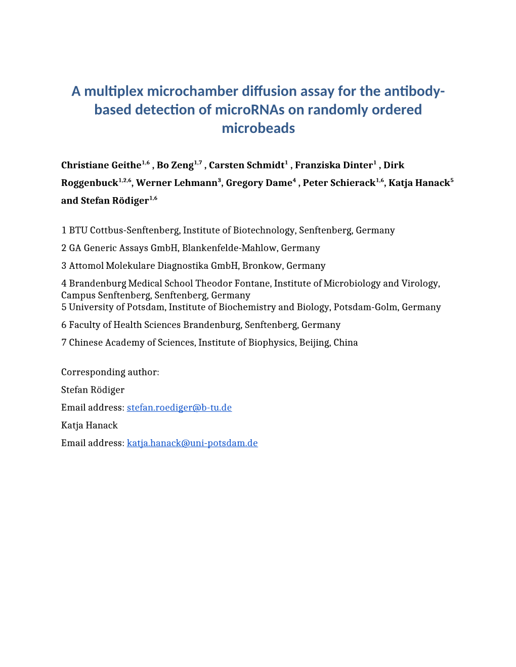 A Multiplex Microchamber Diffusion Assay for the Antibody- Based Detection of Micrornas on Randomly Ordered Microbeads