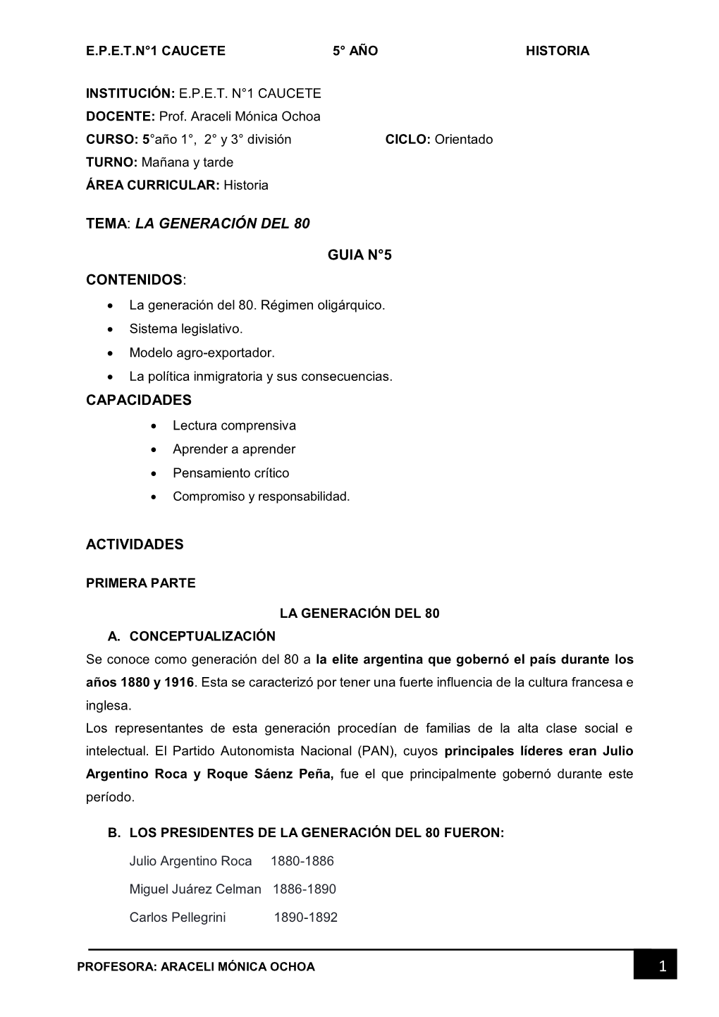 Tema: La Generación Del 80 Guia N°5 Contenidos