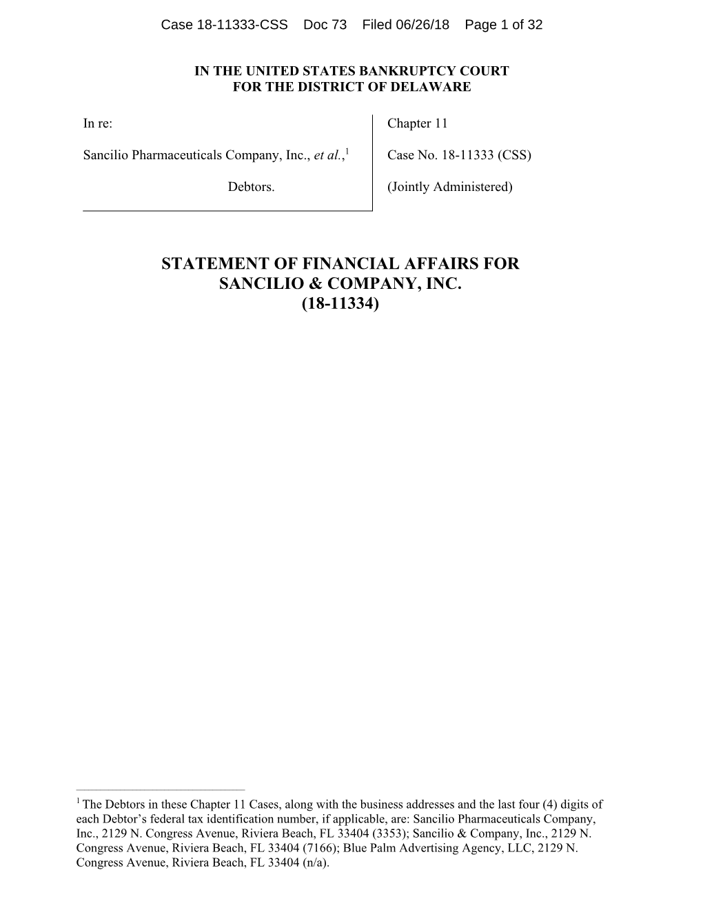 Statement of Financial Affairs for Sancilio & Company, Inc
