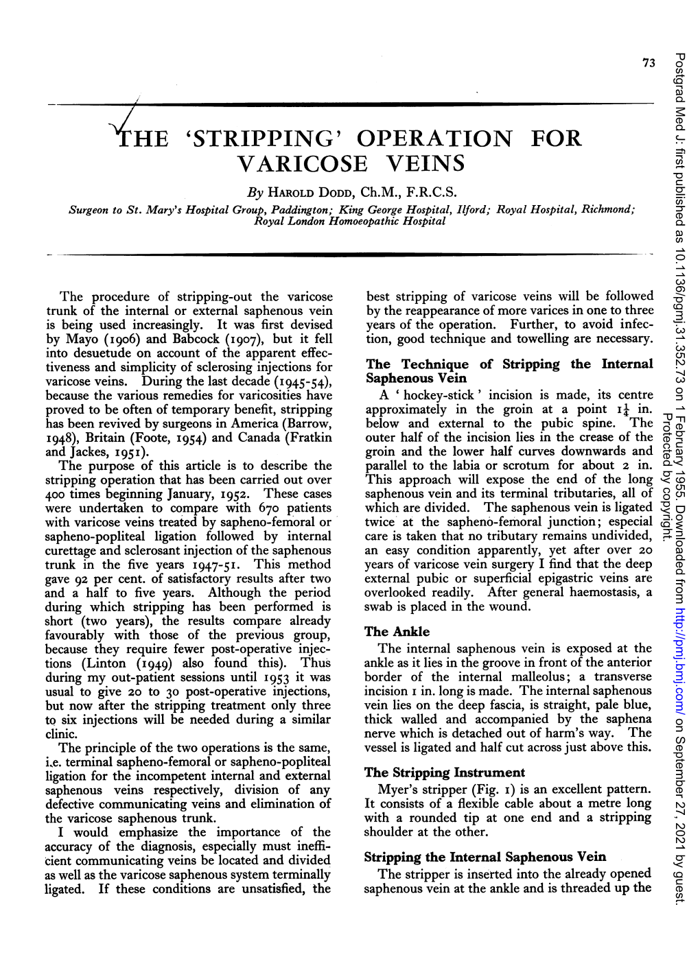'STRIPPING' OPERATION for VARICOSE VEINS by HAROLD DODD, Ch.M., F.R.C.S
