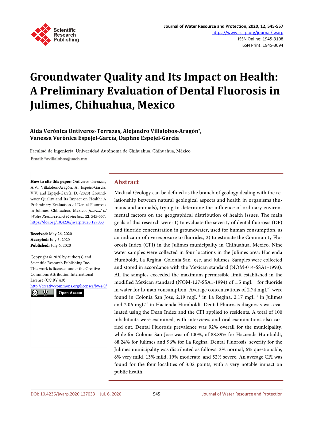 A Preliminary Evaluation of Dental Fluorosis in Julimes, Chihuahua, Mexico