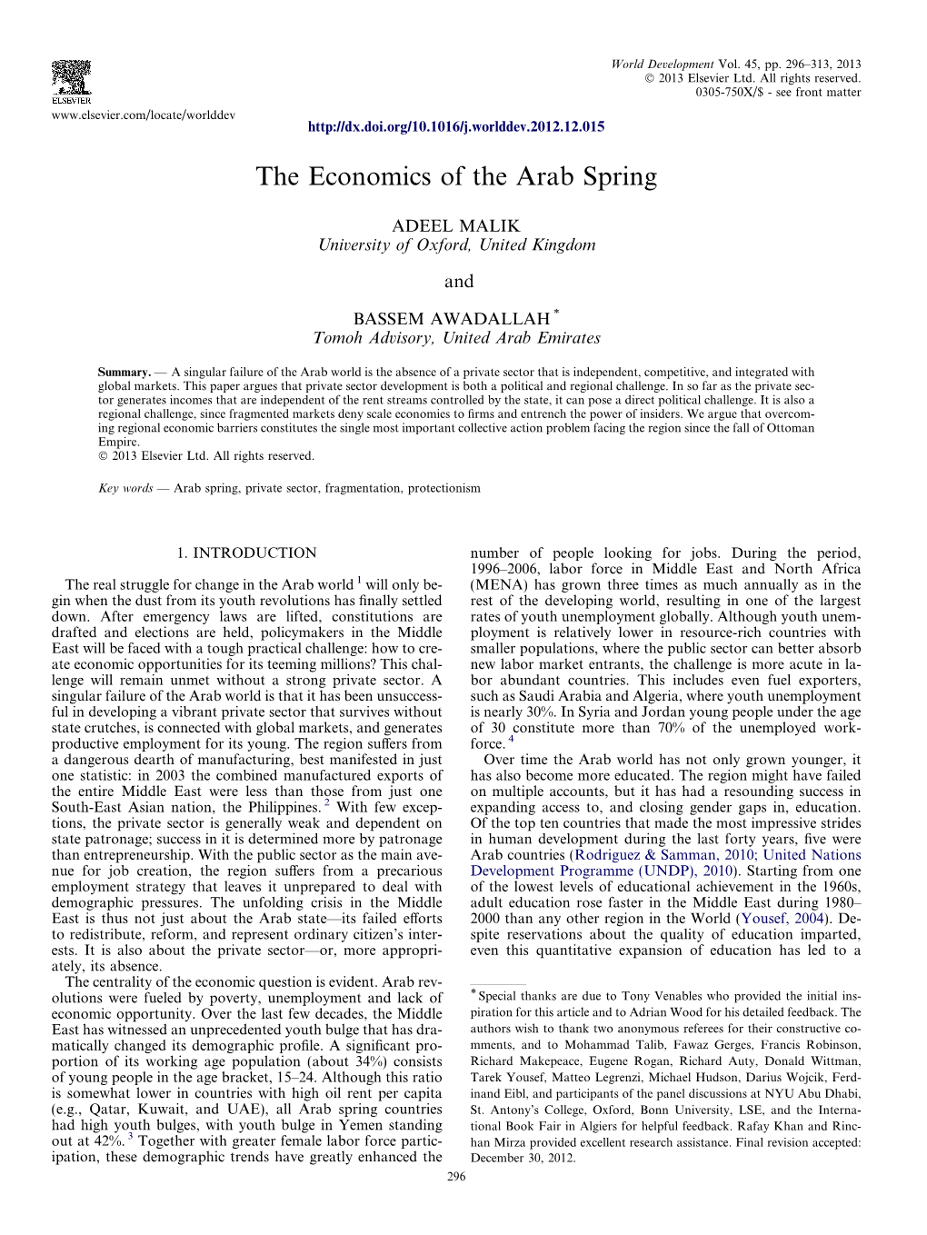 The Economics of the Arab Spring