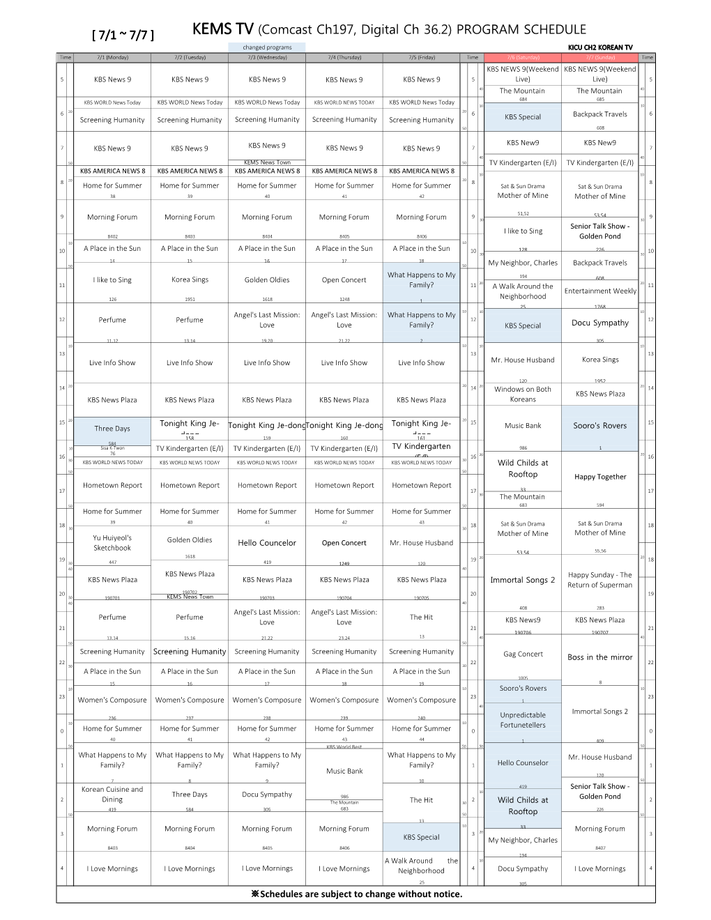 [ 7/1 ~ 7/7 ] KEMS TV (Comcast Ch197, Digital Ch 36.2) PROGRAM