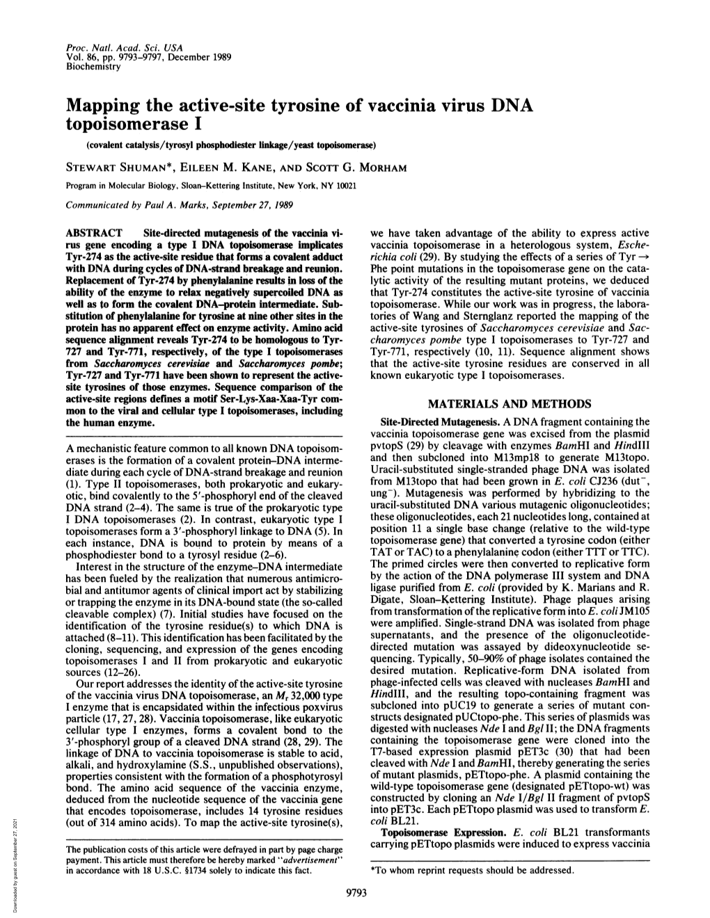 Mapping the Active-Site Tyrosine of Vaccinia Virus DNA Topoisomerase I