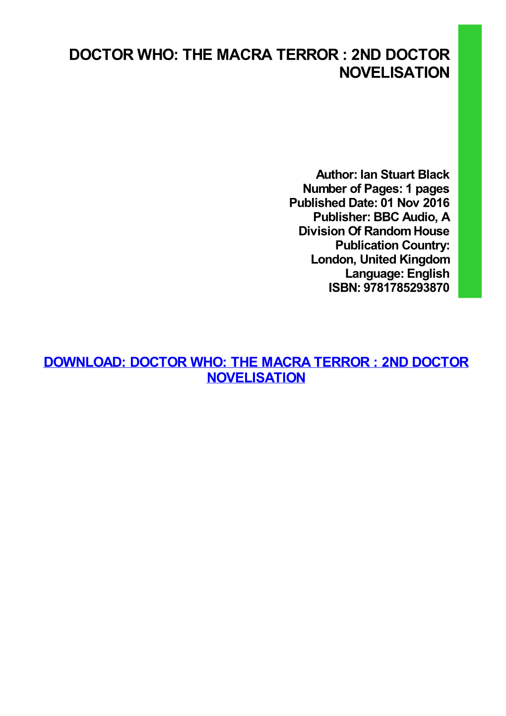{Download PDF} Doctor Who: the Macra Terror : 2Nd Doctor