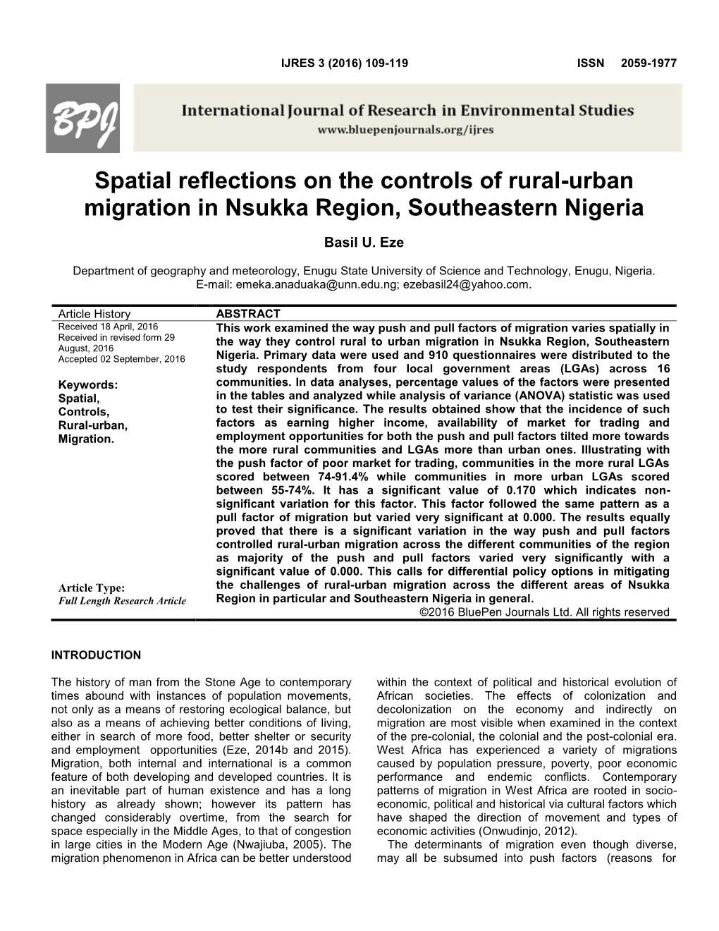 Spatial Reflections on the Controls of Rural-Urban Migration in Nsukka Region, Southeastern Nigeria