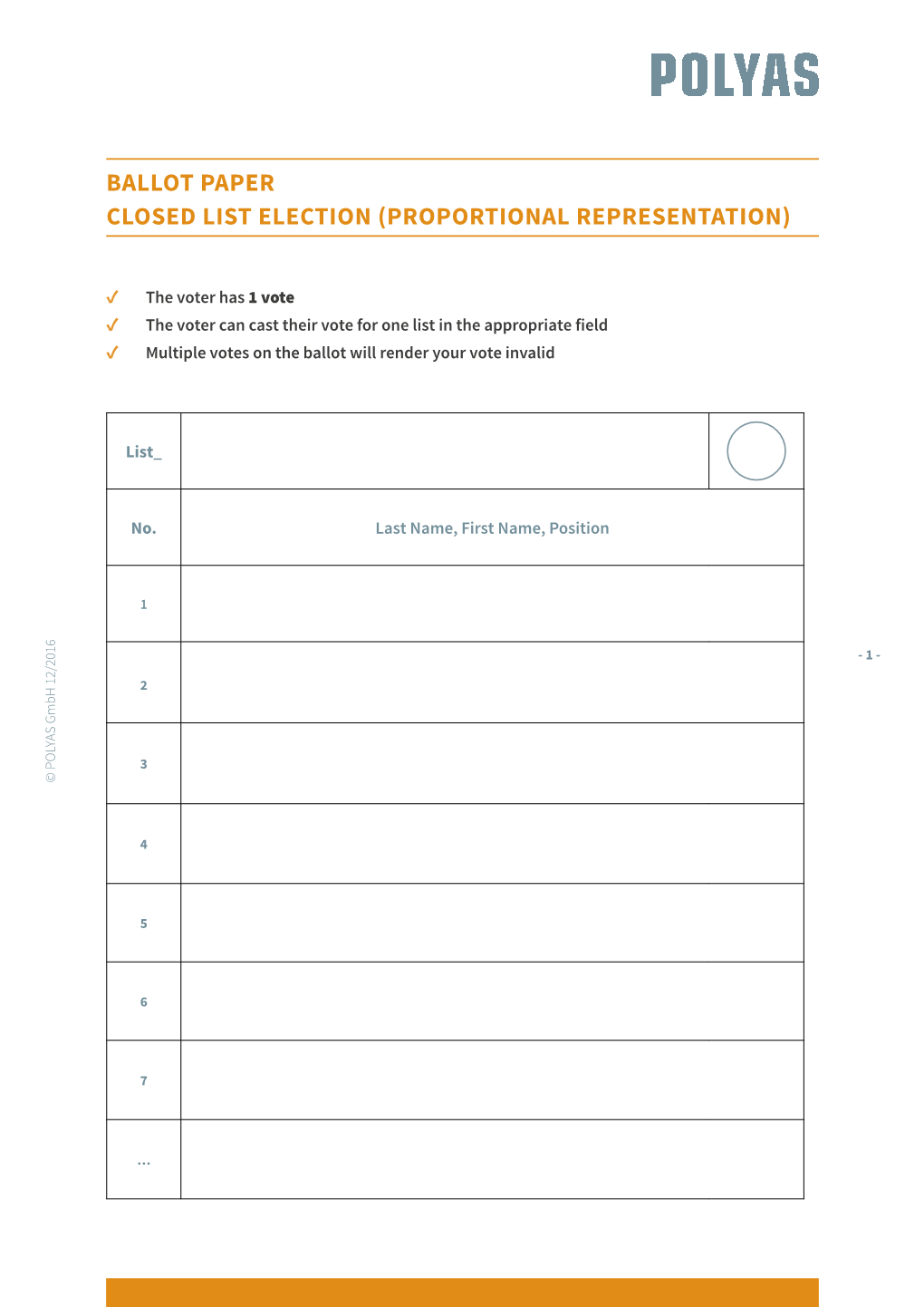 Ballot Paper Closed List Election (Proportional Representation)