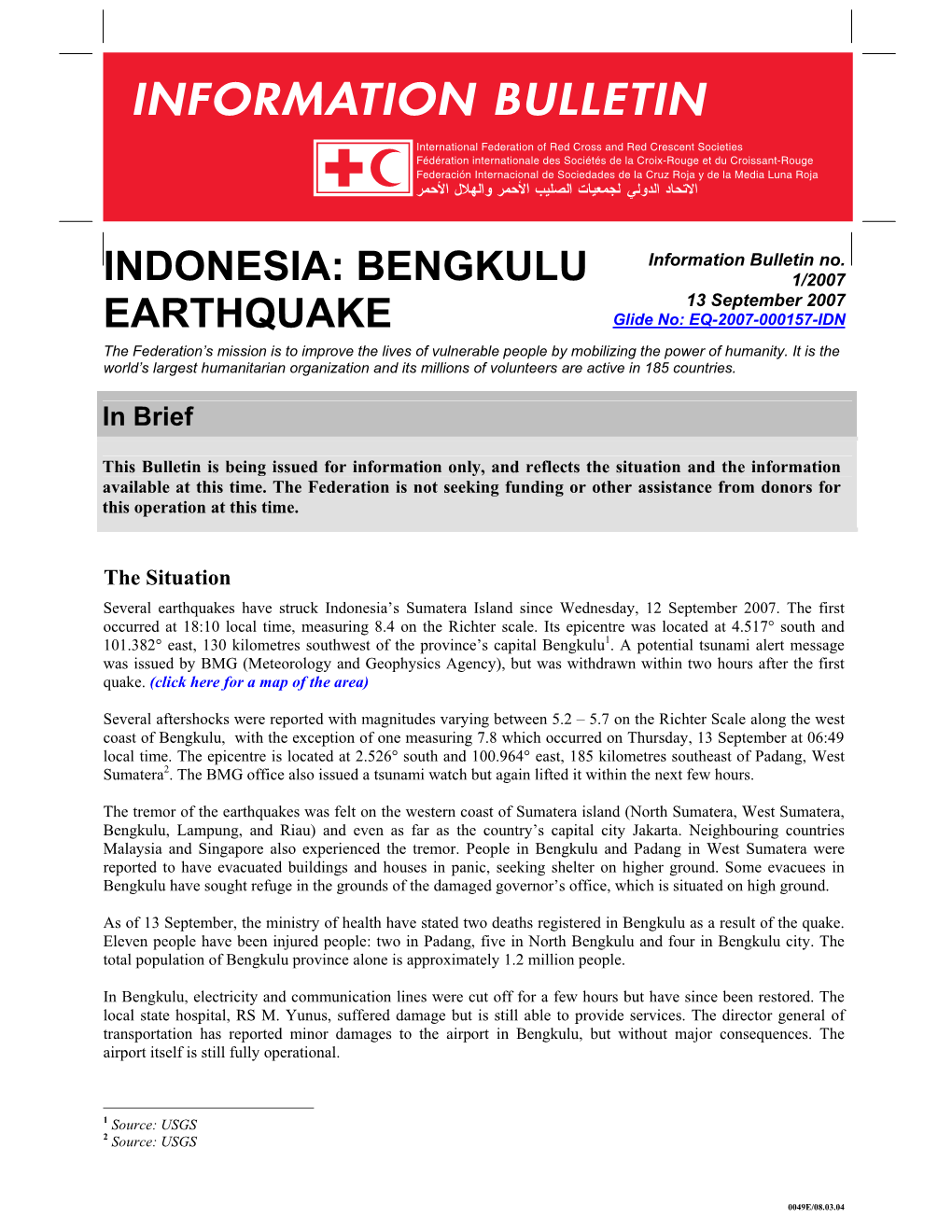 Indonesia: Bengkulu Earthquake; Information Bulletin No