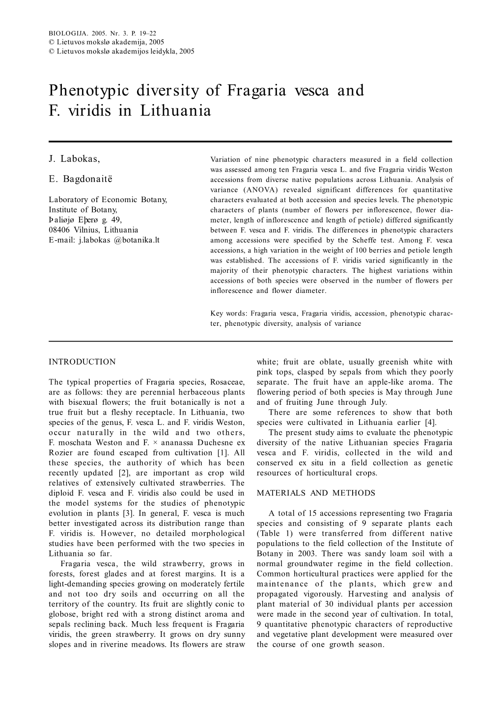 Phenotypic Diversity of Fragaria Vesca and F. Viridis in Lithuania