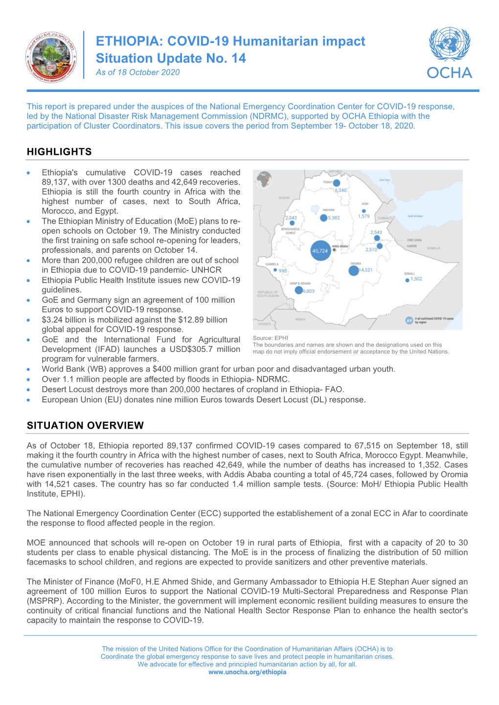 ETHIOPIA: COVID-19 Humanitarian Impact Situation Update No. 14 As of 18 October 2020
