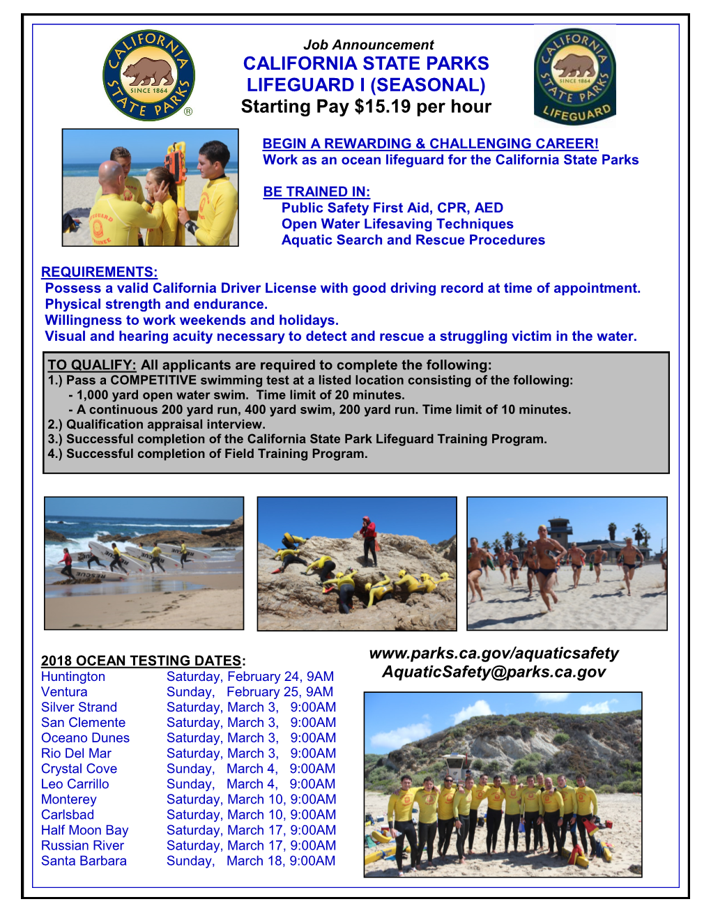 CALIFORNIA STATE PARKS LIFEGUARD I (SEASONAL) Starting Pay $15.19 Per Hour