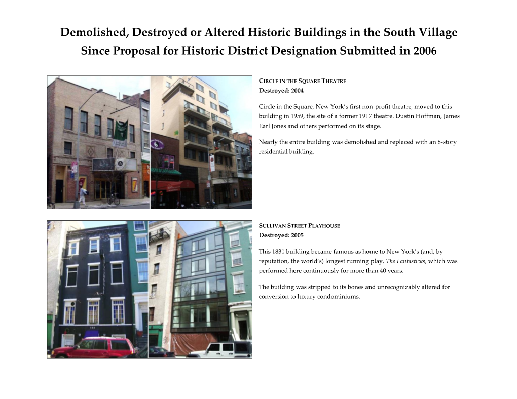 Demolished, Destroyed Or Altered Historic Buildings in the South Village Since Proposal for Historic District Designation Submitted in 2006