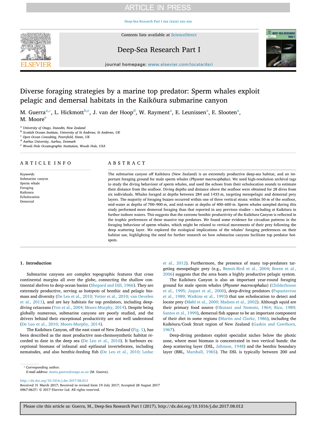 Diverse Foraging Strategies by a Marine Top Predator: Sperm Whales Exploit Pelagic and Demersal Habitats in the Kaikōura Submarine Canyon ⁎ M