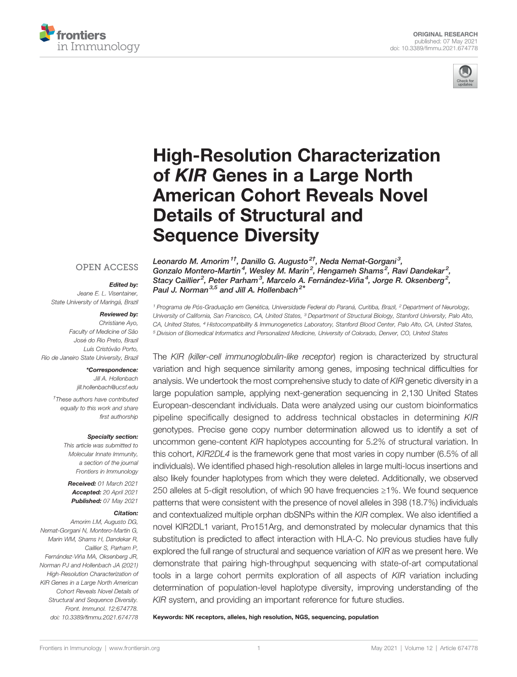 High-Resolution Characterization of KIR Genes in a Large North American Cohort Reveals Novel Details of Structural and Sequence Diversity