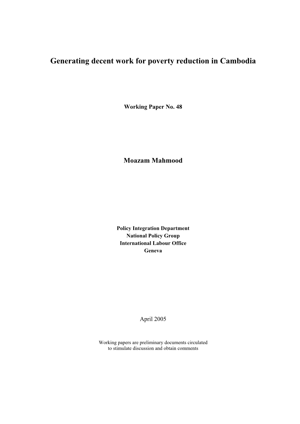 Generating Decent Work for Poverty Reduction in Cambodia