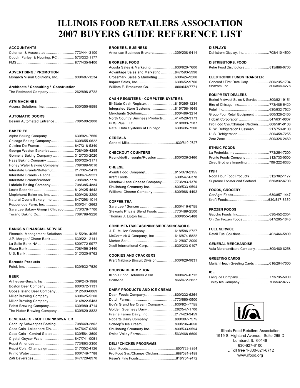 Llinois Food Retailers Association 2007 Buyers Guide Reference List