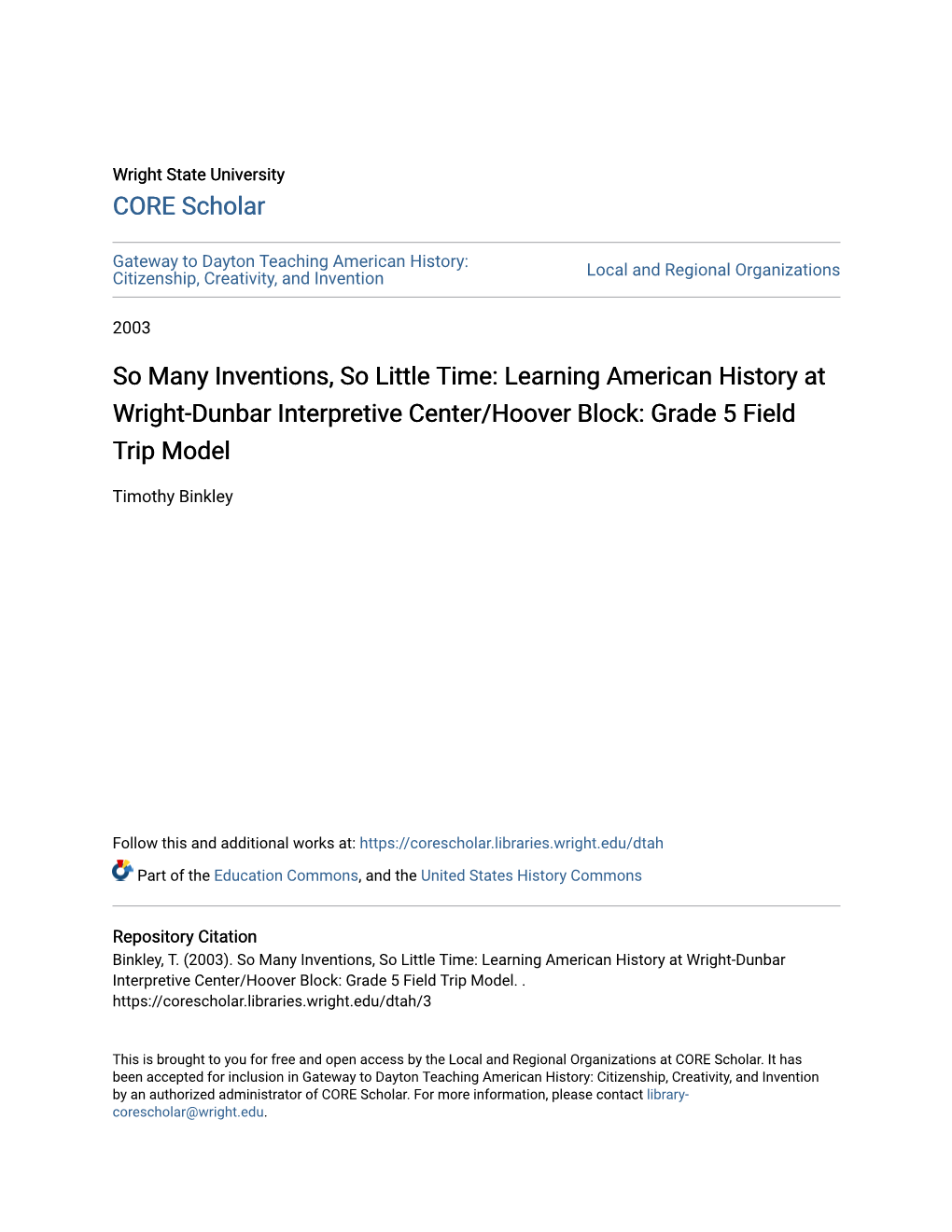 Learning American History at Wright-Dunbar Interpretive Center/Hoover Block: Grade 5 Field Trip Model