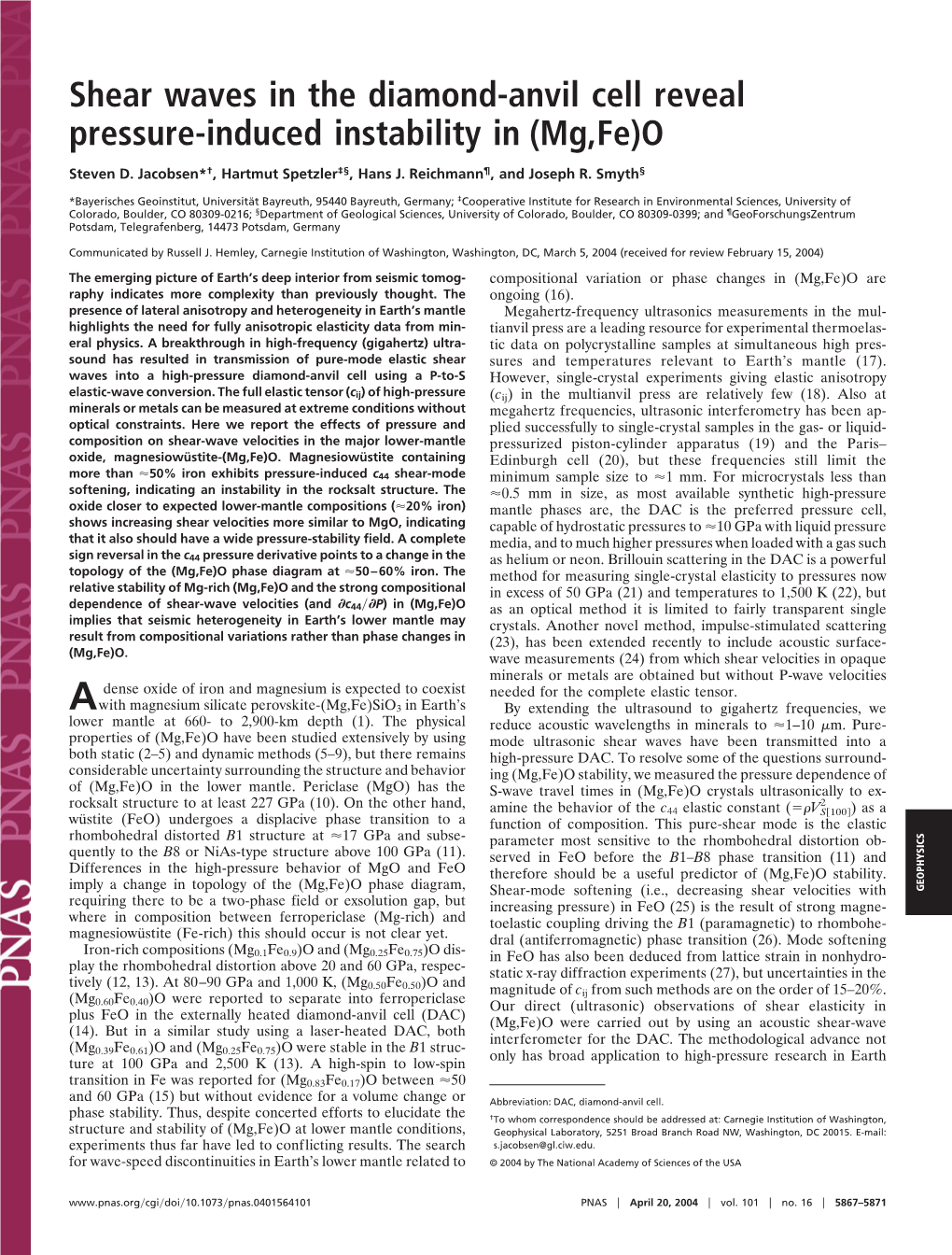 Shear Waves in the Diamond-Anvil Cell Reveal Pressure-Induced Instability in (Mg,Fe)O