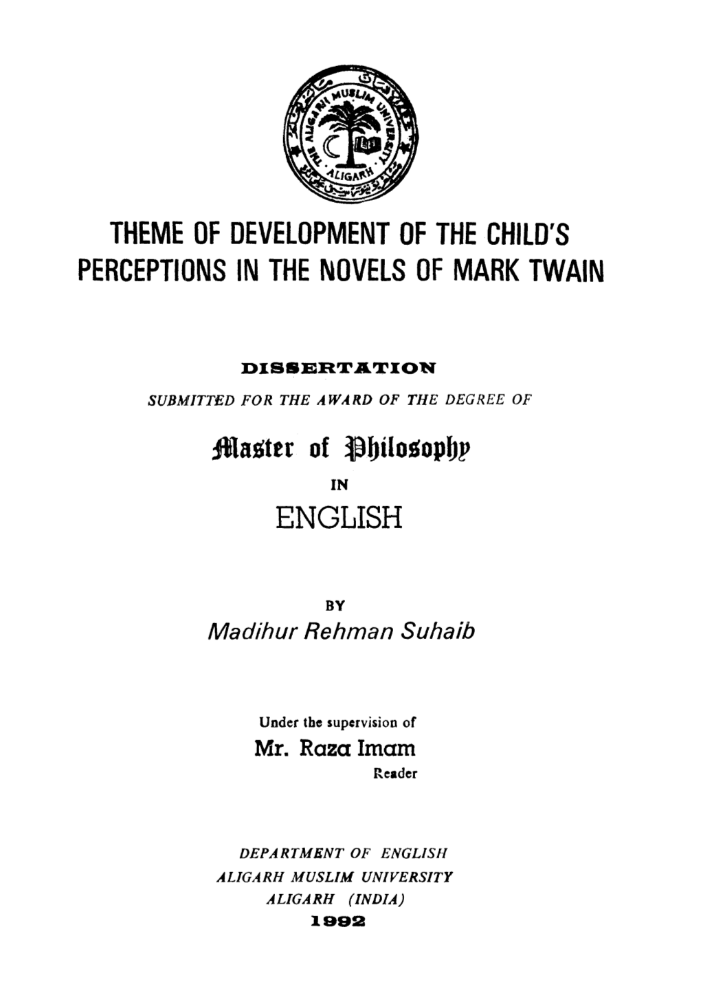 Theme of Development of the Child's Perceptions in the Novels of Mark Twain